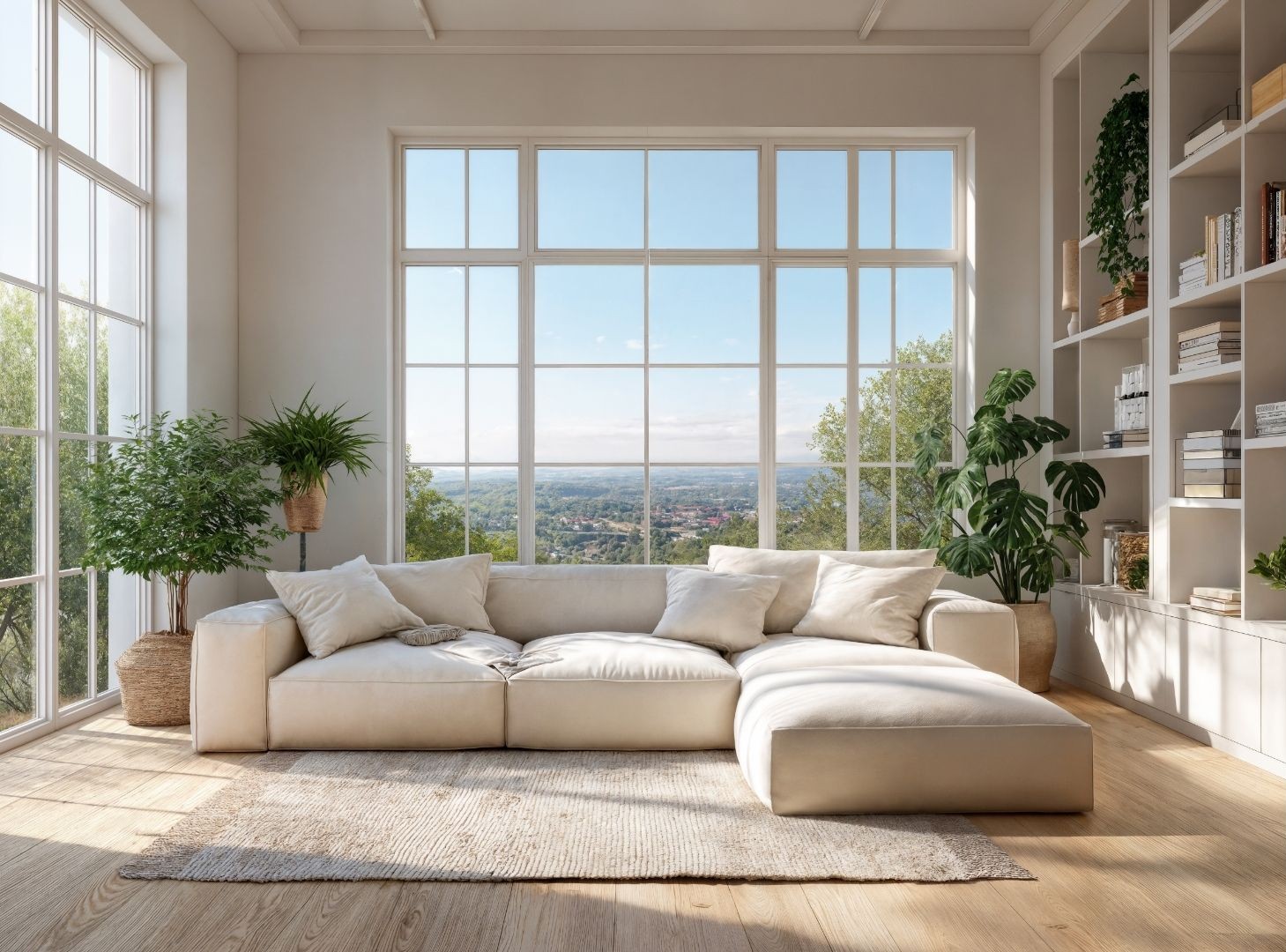 Mediterranean Calm living room with a cream linen sofa, light oak floors and built-in white shelving